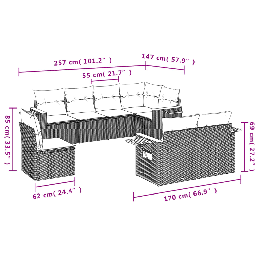 8 Pcs conjunto sofás de jardim c/ almofadões vime PE cinzento