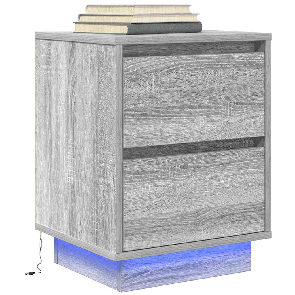 Mesa de cabeceira com luzes LED 38x34x50 cm cinzento-sonoma