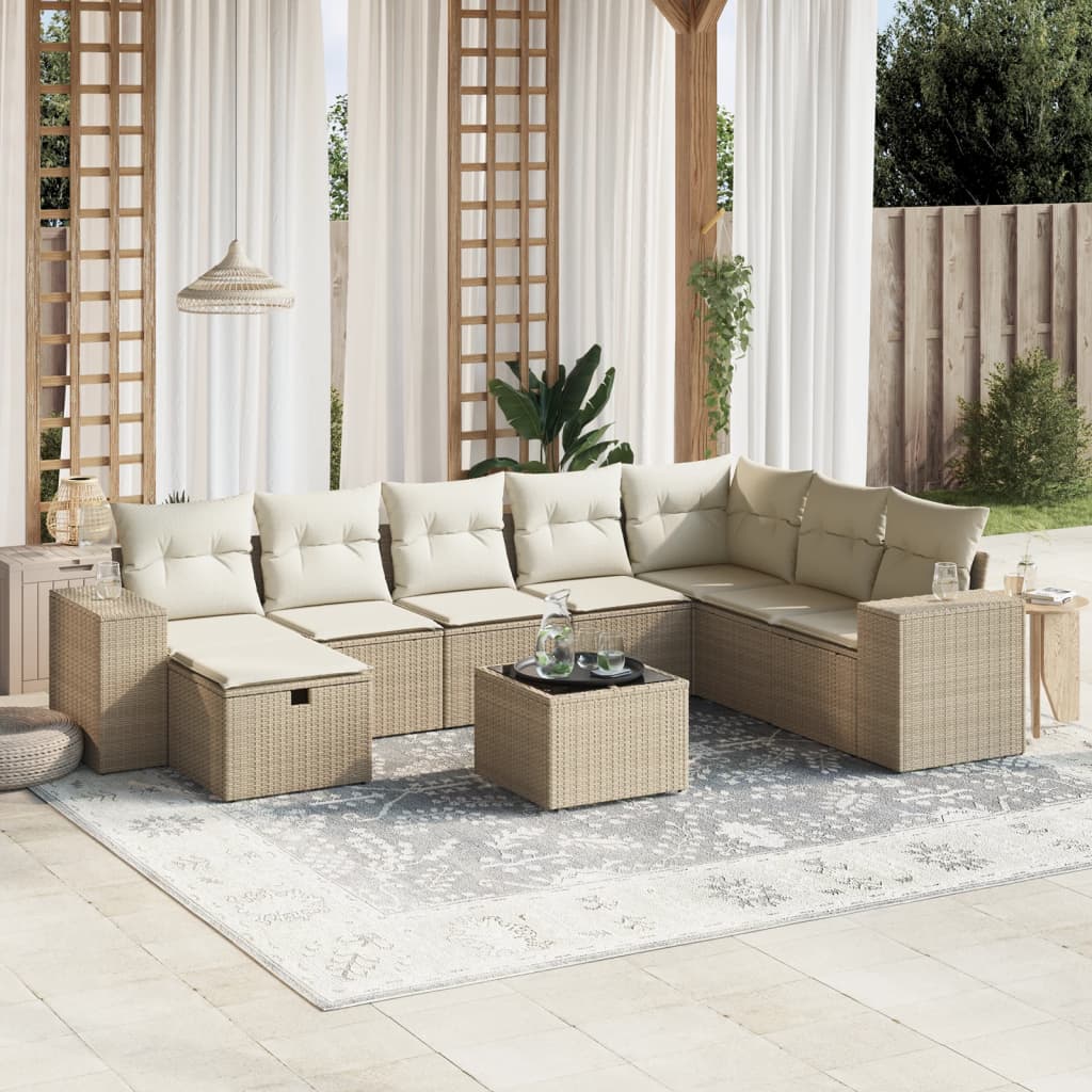 9 Pcs conjunto de sofás p/ jardim com almofadões vime PE bege