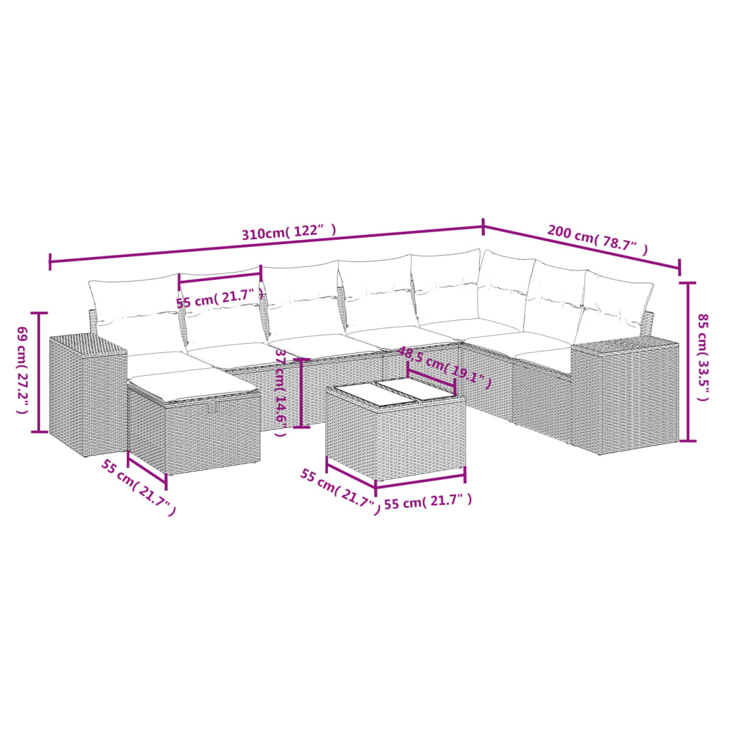 9 Pcs conjunto de sofás p/ jardim com almofadões vime PE bege