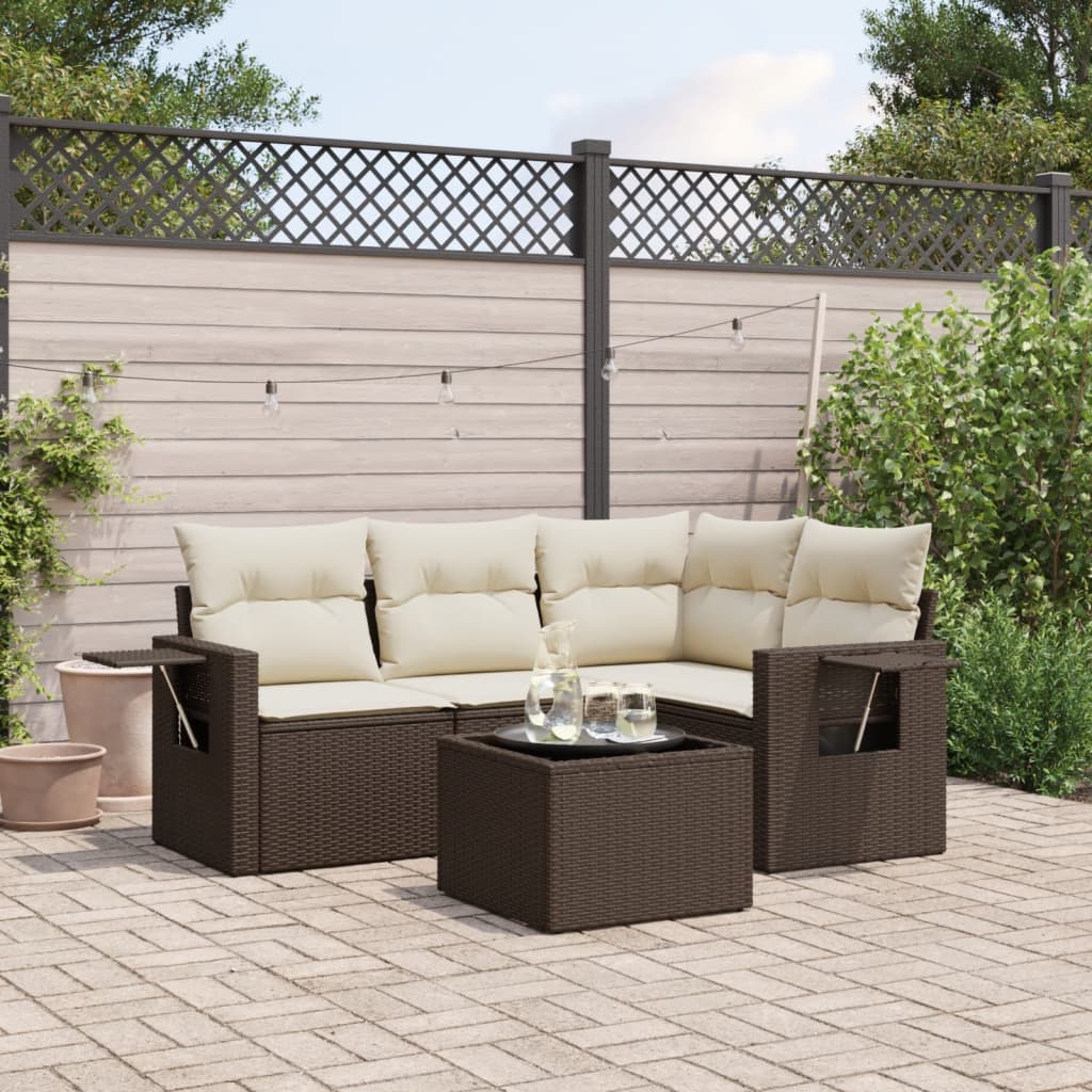 5 Pcs conjunto sofás p/ jardim c/ almofadões vime PE castanho