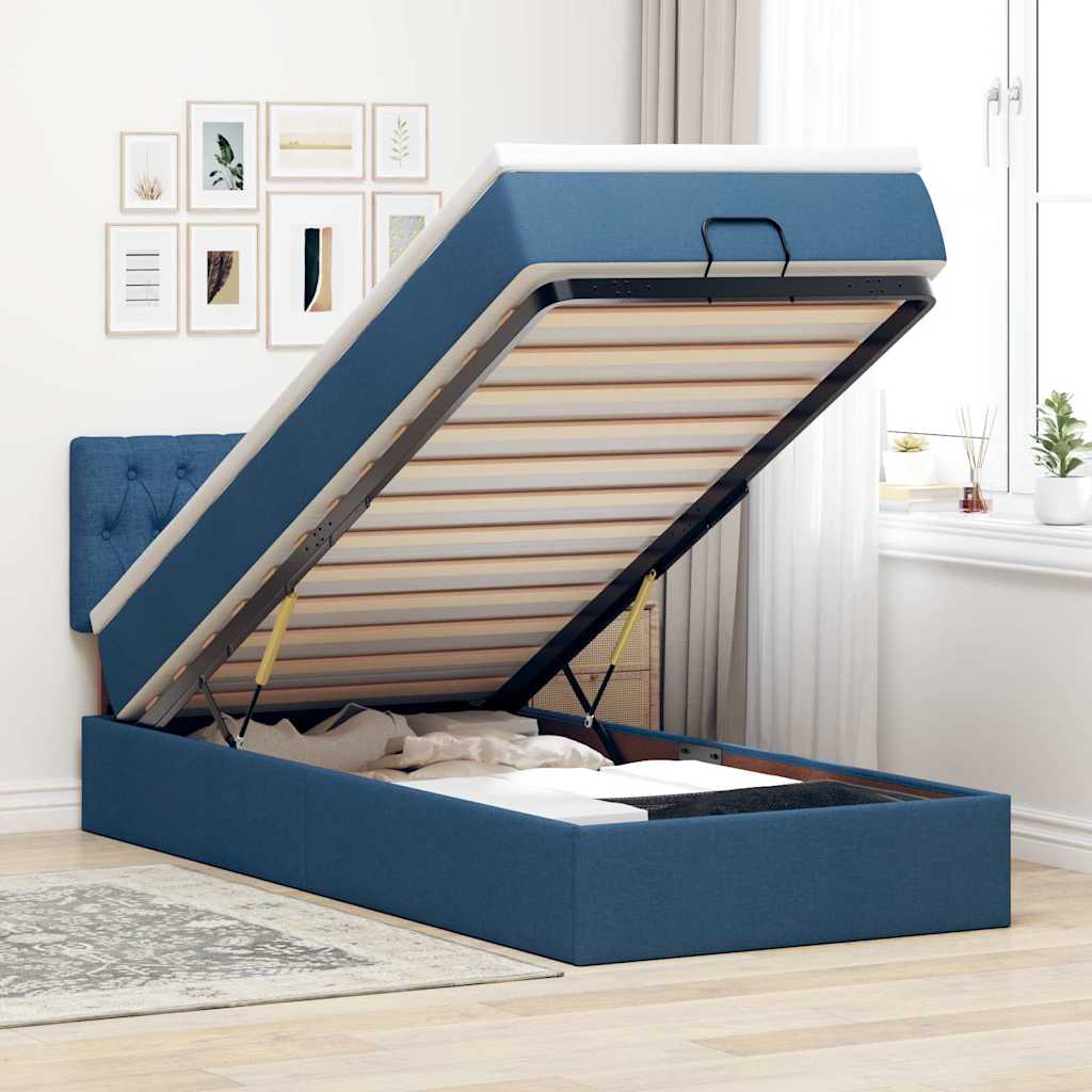 Cama otomana com colchão & leds tecido azul 100x200 cm