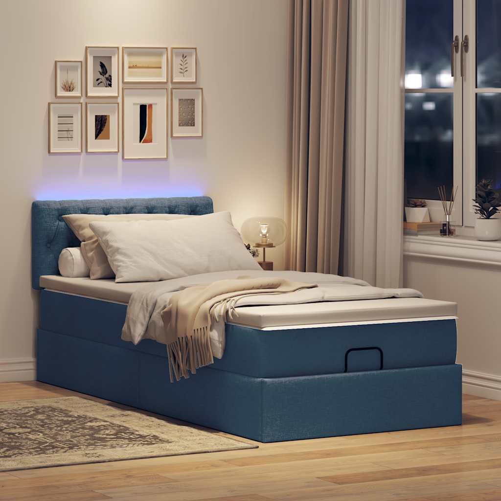 Cama otomana com colchão & leds tecido azul 100x200 cm