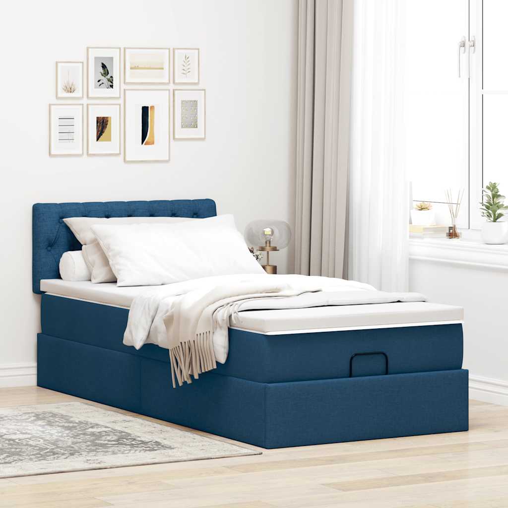 Cama otomana com colchão & leds tecido azul 100x200 cm