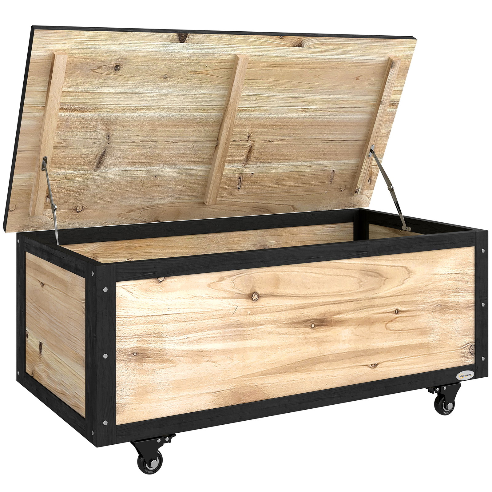 Baú de exterior 121 l baú de armazenamento em madeira com 4 rodas para jardim pátio varanda 100x50x43 cm natural e preto