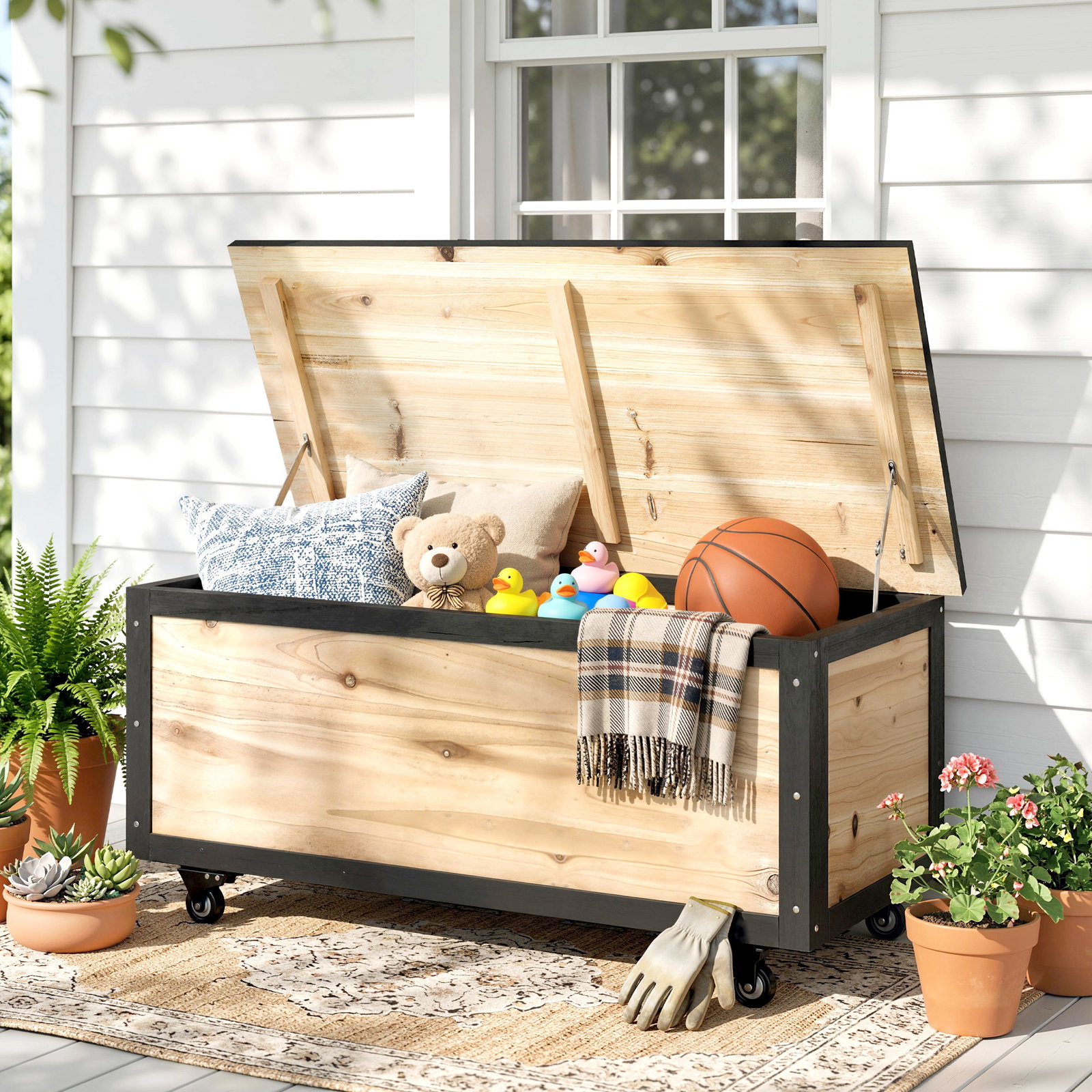 Baú de exterior 121 l baú de armazenamento em madeira com 4 rodas para jardim pátio varanda 100x50x43 cm natural e preto