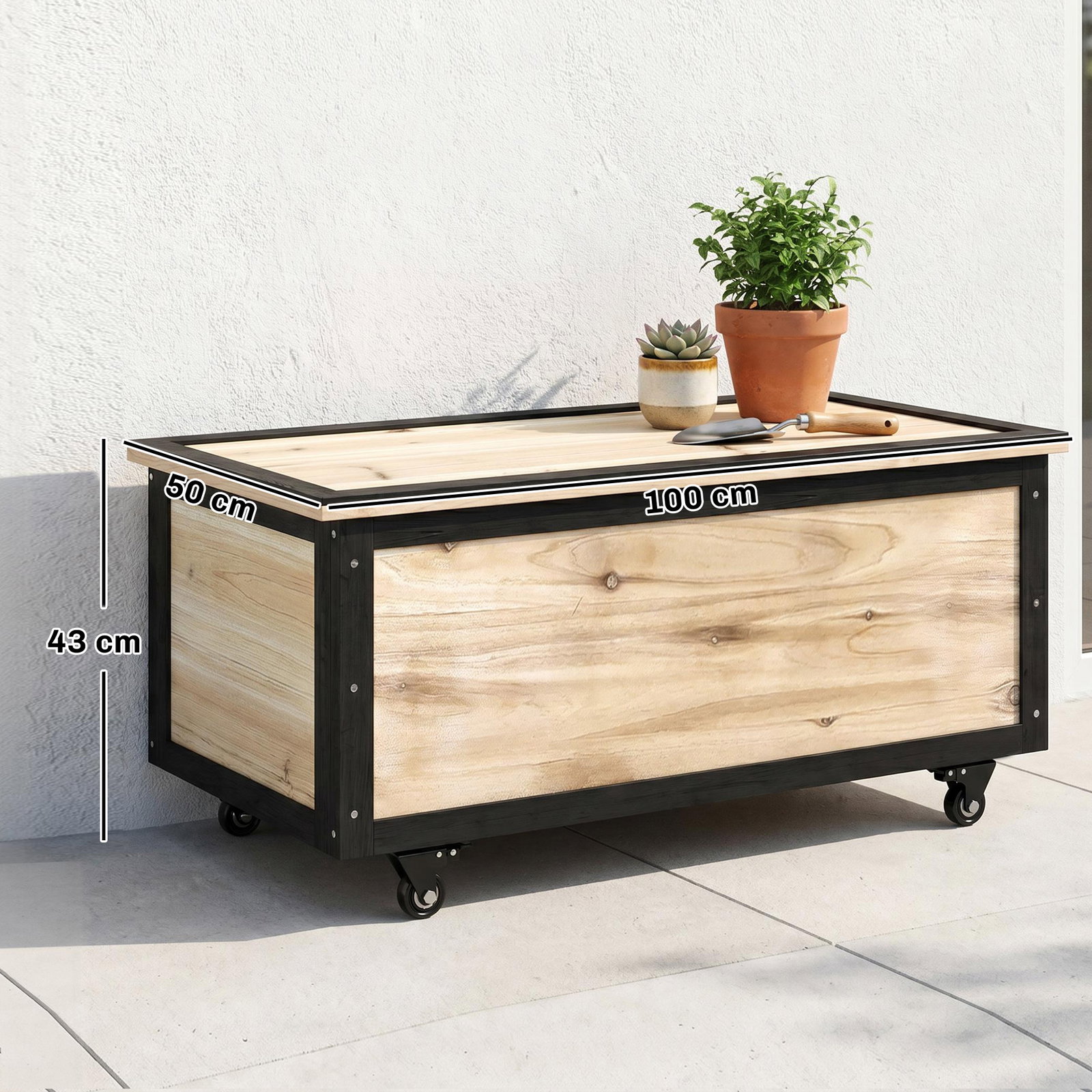 Baú de exterior 121 l baú de armazenamento em madeira com 4 rodas para jardim pátio varanda 100x50x43 cm natural e preto