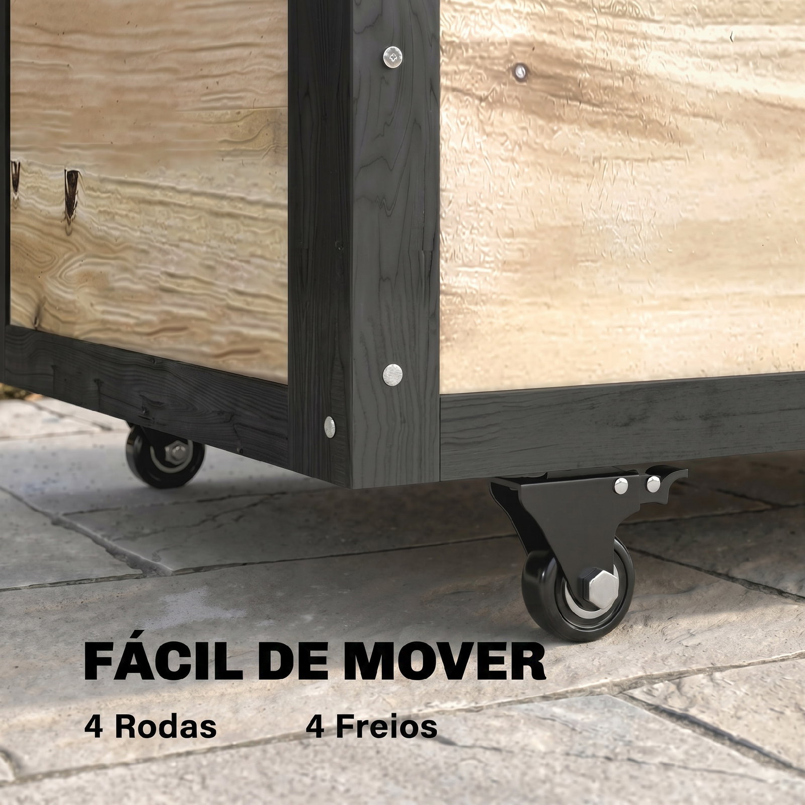 Baú de exterior 121 l baú de armazenamento em madeira com 4 rodas para jardim pátio varanda 100x50x43 cm natural e preto