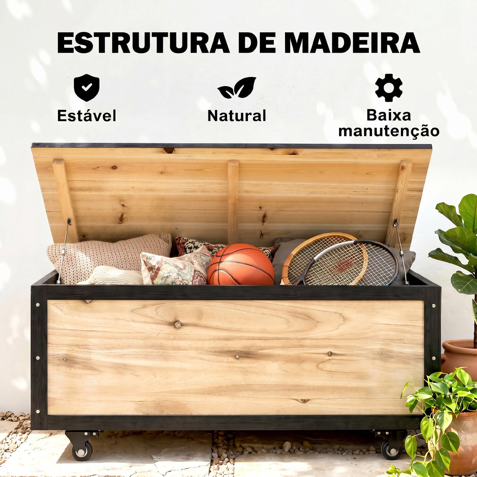 Baú de exterior 121 l baú de armazenamento em madeira com 4 rodas para jardim pátio varanda 100x50x43 cm natural e preto
