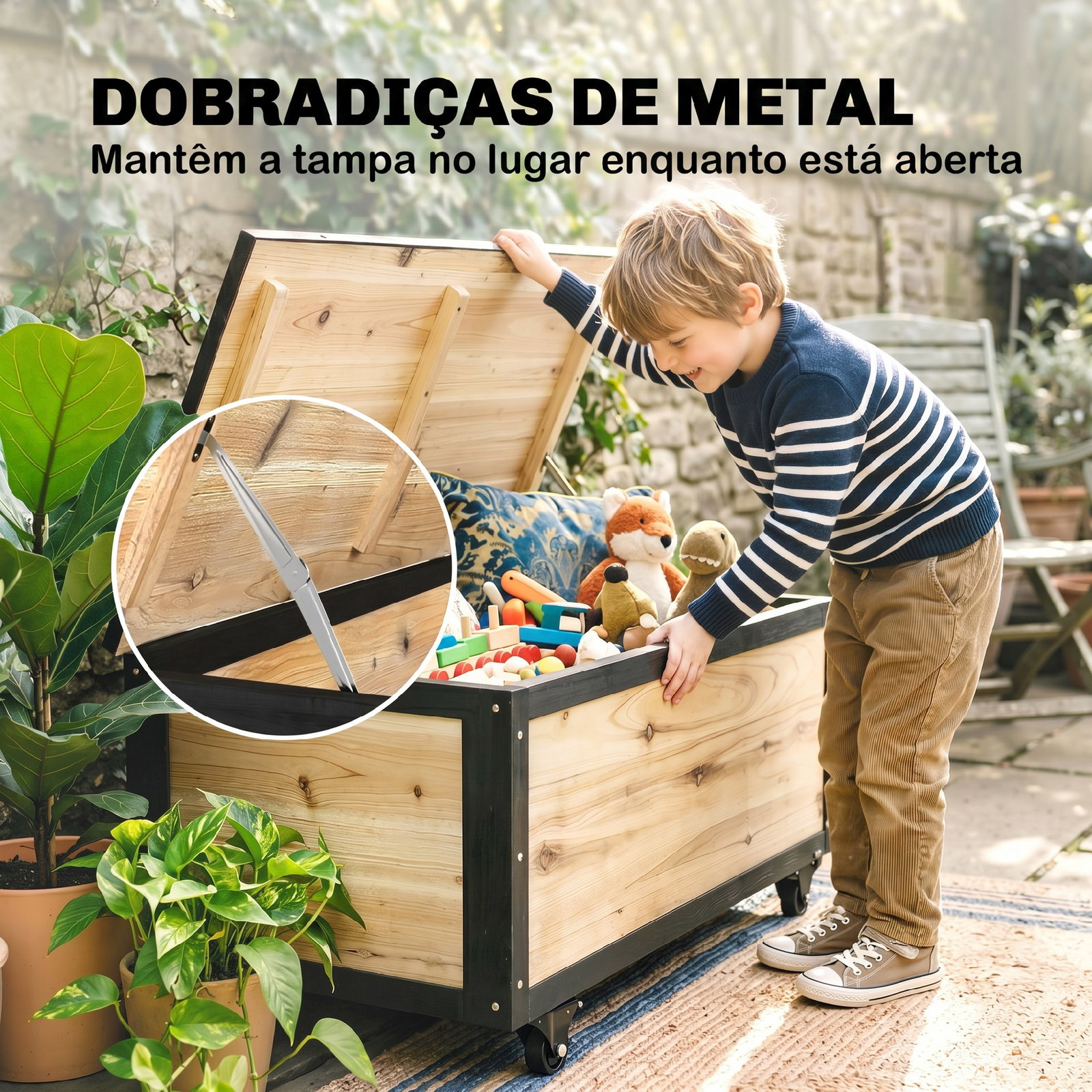 Baú de exterior 121 l baú de armazenamento em madeira com 4 rodas para jardim pátio varanda 100x50x43 cm natural e preto