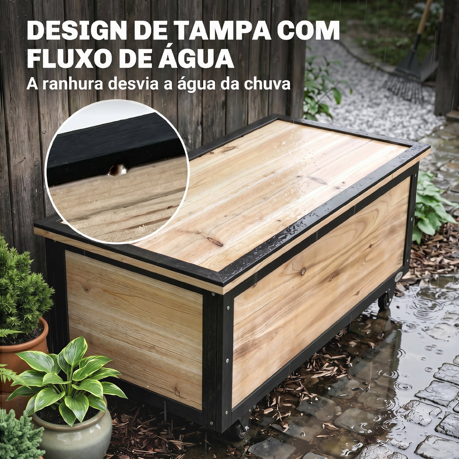Baú de exterior 121 l baú de armazenamento em madeira com 4 rodas para jardim pátio varanda 100x50x43 cm natural e preto