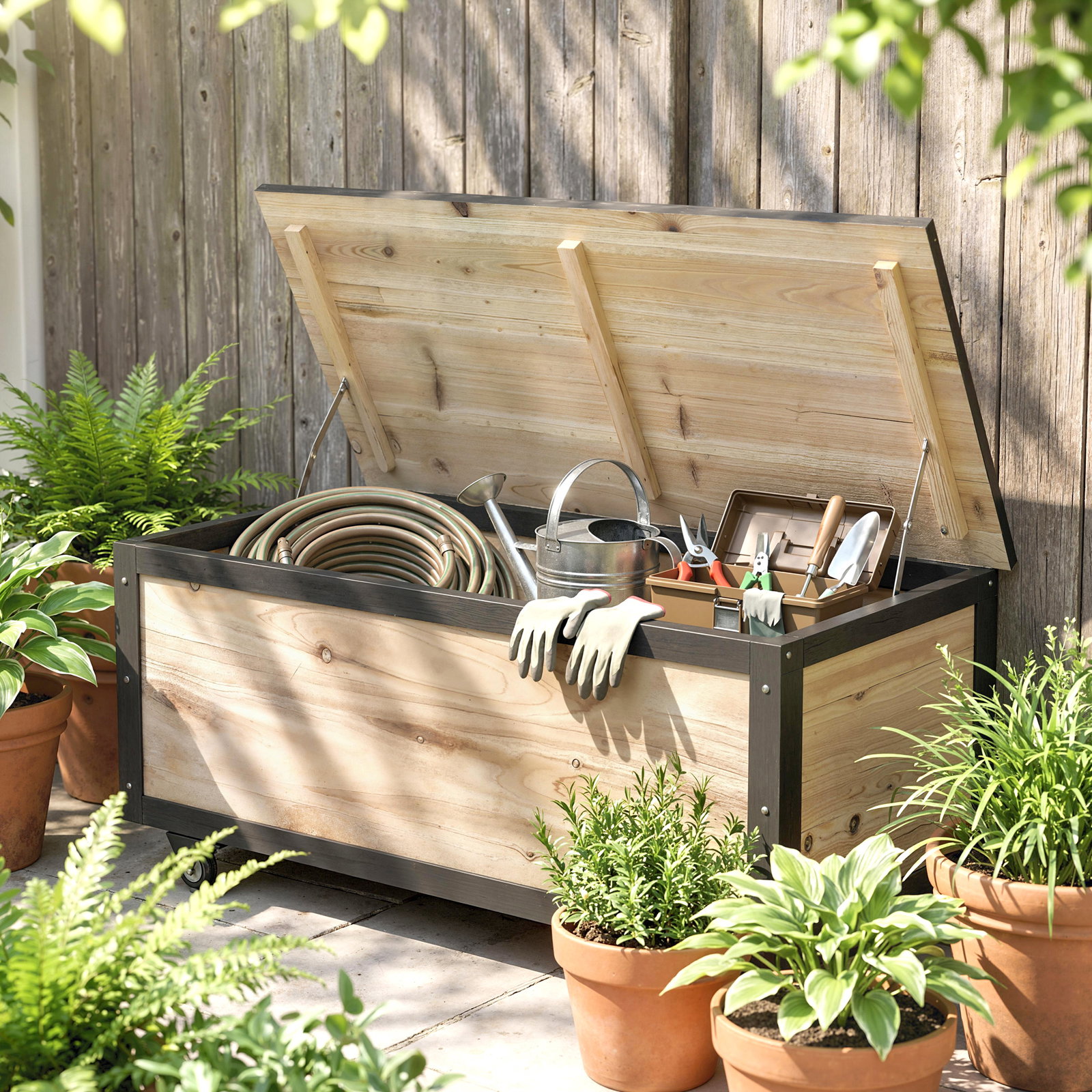 Baú de exterior 121 l baú de armazenamento em madeira com 4 rodas para jardim pátio varanda 100x50x43 cm natural e preto