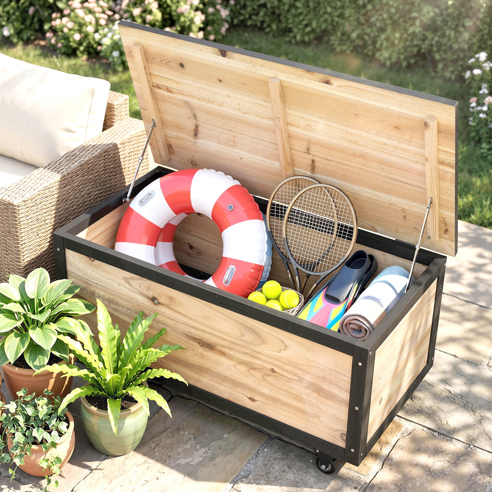 Baú de exterior 121 l baú de armazenamento em madeira com 4 rodas para jardim pátio varanda 100x50x43 cm natural e preto