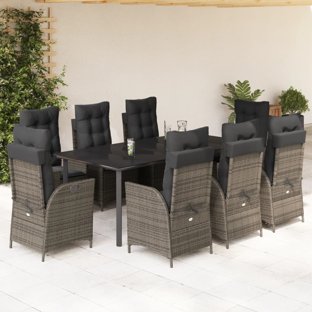 9 Pcs conjunto de jantar p/ jardim c/ almofadões vime PE cinza