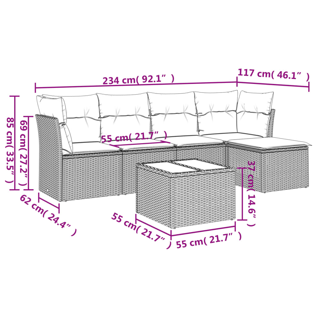 6 Pcs conjunto de sofás p/ jardim com almofadões vime PE bege