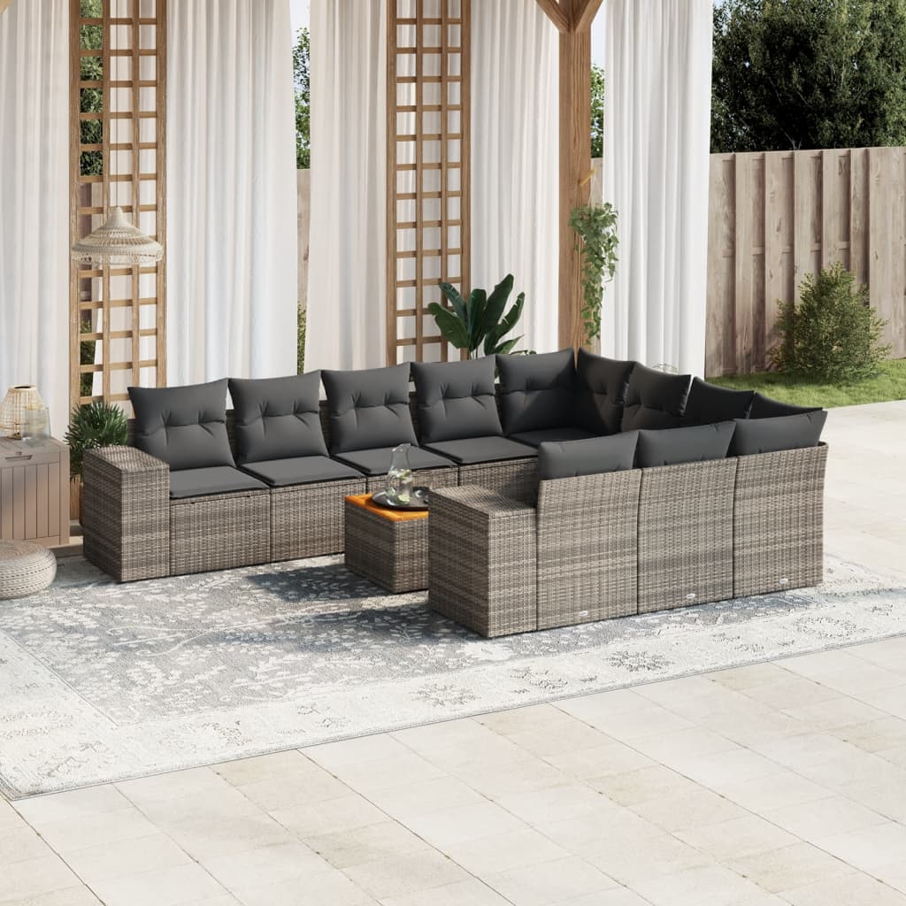 11 Pcs conjunto sofás de jardim c/ almofadões vime PE cinzento