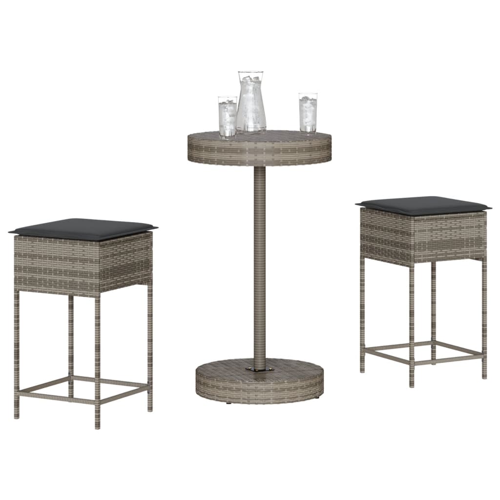 3 Pcs conjunto de bar p/ jardim c/ almofadões vime PE cinzento