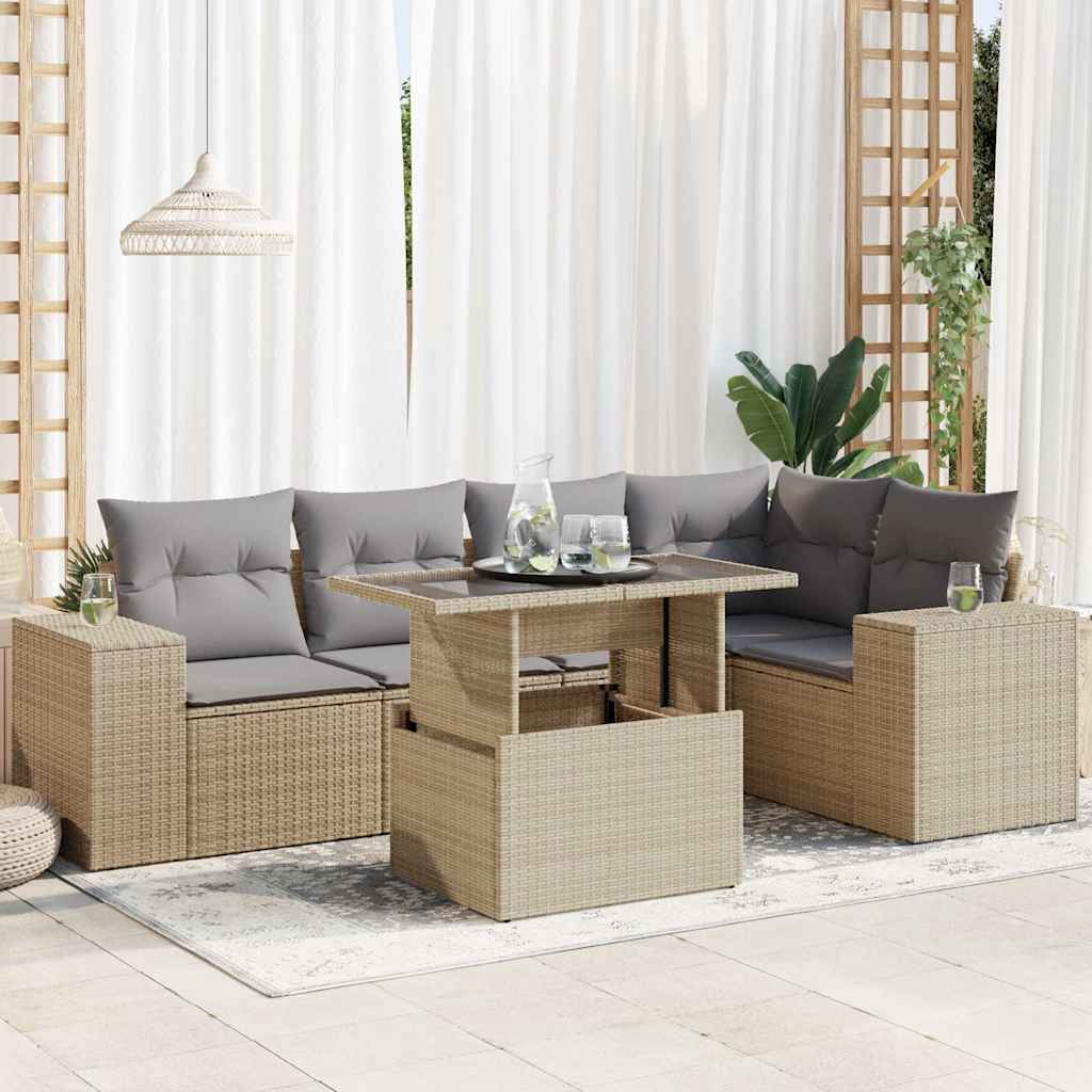6 Pcs conjunto de sofás p/ jardim com almofadões vime PE bege