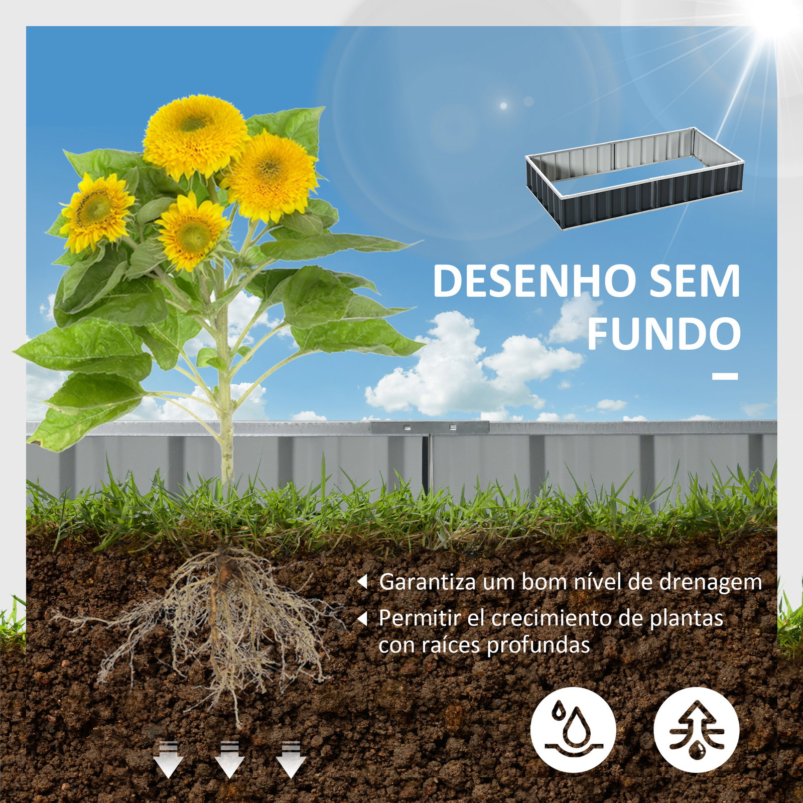 Horta Urbana Canteiro de Jardim em Aço com Luvas Incluídas, Floreira Retangular para Cultivo de Plantas e Flores para Terraço e
