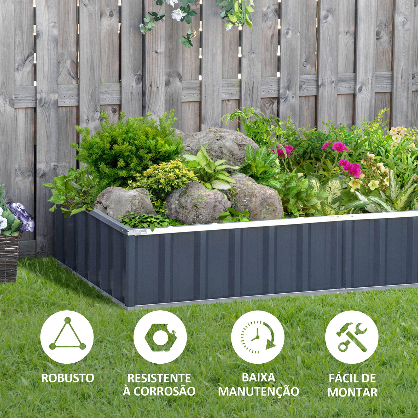 Horta Urbana Canteiro de Jardim em Aço com Luvas Incluídas, Floreira Retangular para Cultivo de Plantas e Flores para Terraço e