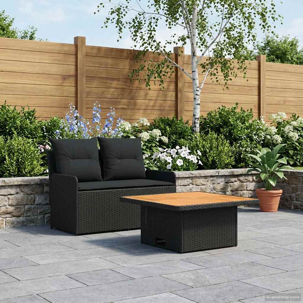 Sofá de jardim com braço e mesa levantável 2 peça preto