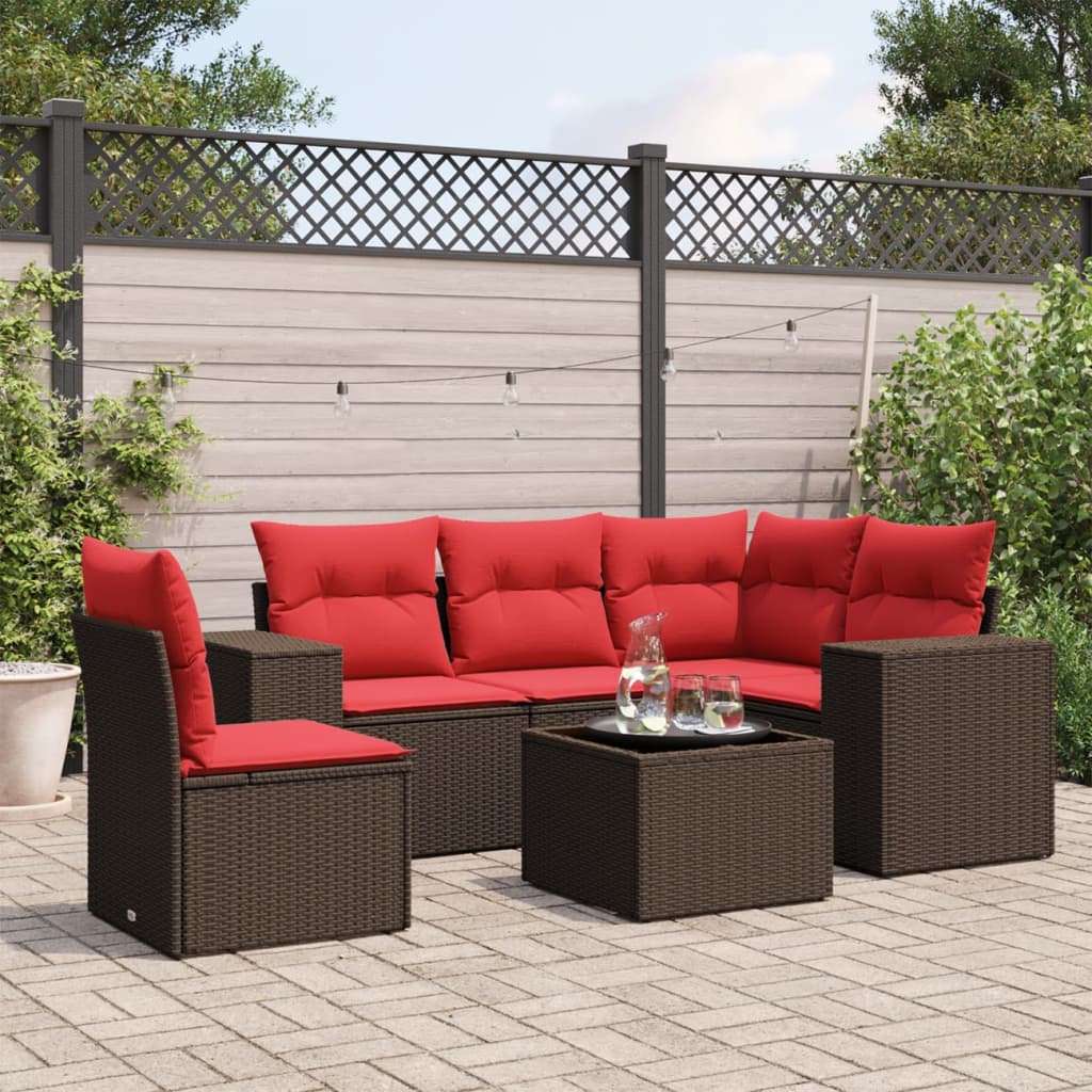 Conjunto de sofá de jardim com 6 peças e almofadas em rattan sintético marrom