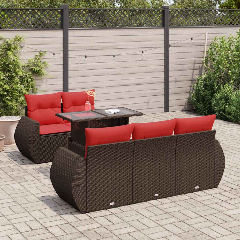 6 Pcs conj. sofás jardim c/ almofadões vime PE/acácia castanho
