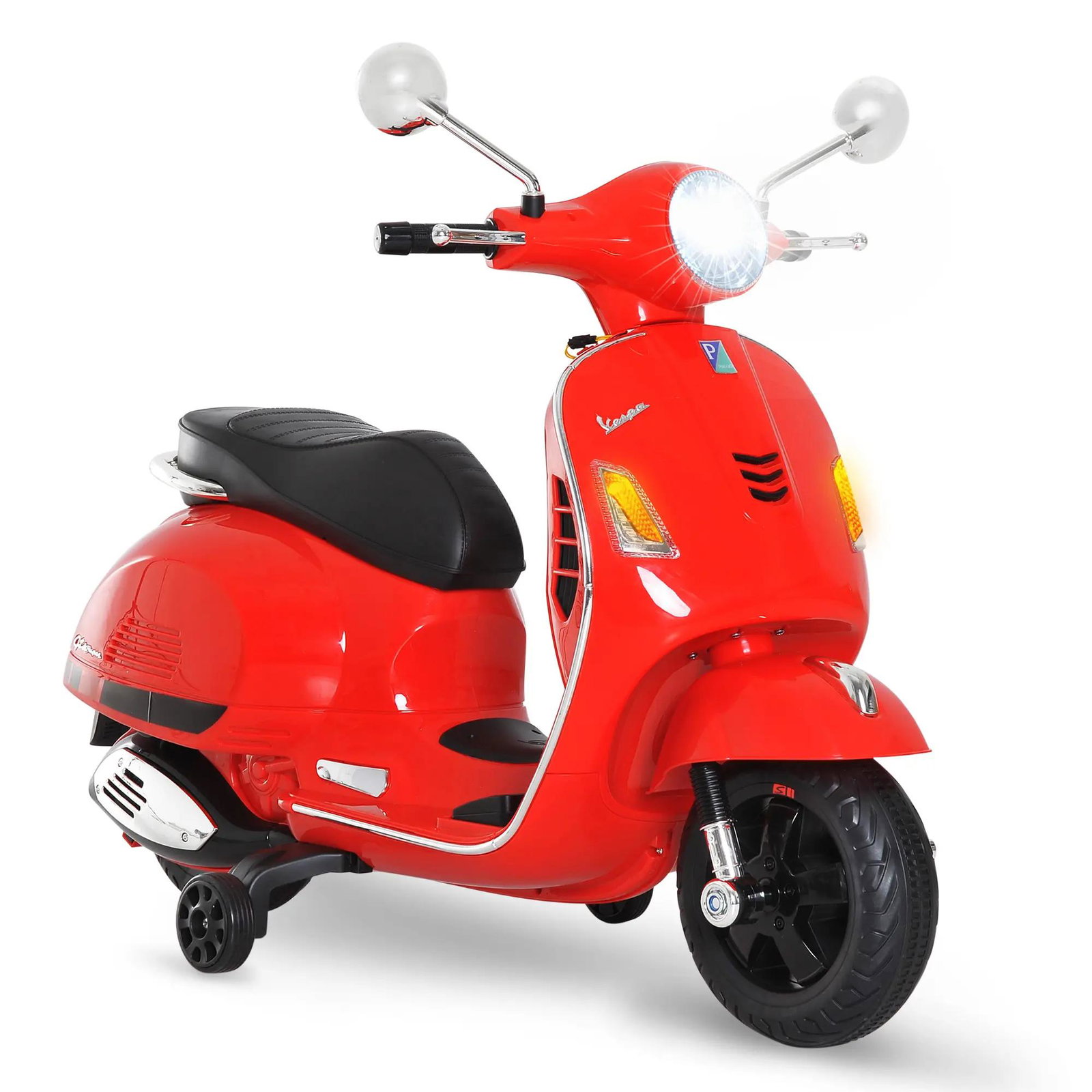 Mota elétrica para crianças com licença vespa com música velocidade 2-3 km/h e buzina 102x50,5x75,5 cm vermelha
