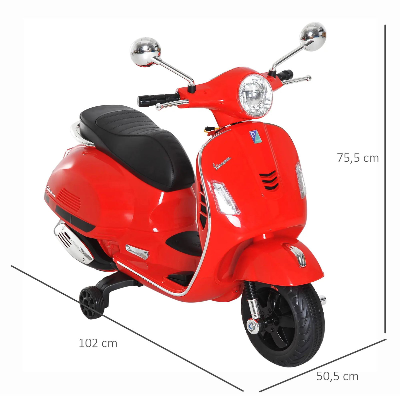 Mota elétrica para crianças com licença vespa com música velocidade 2-3 km/h e buzina 102x50,5x75,5 cm vermelha