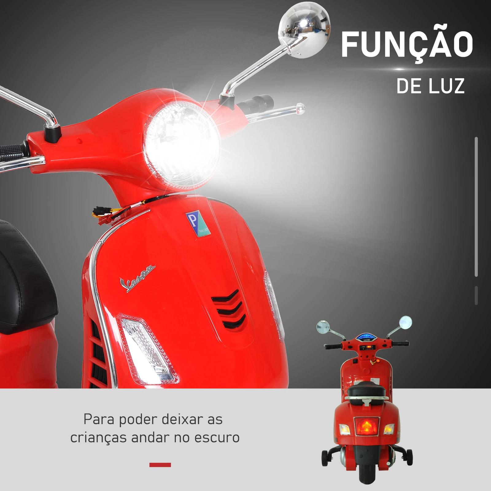 Mota elétrica para crianças com licença vespa com música velocidade 2-3 km/h e buzina 102x50,5x75,5 cm vermelha