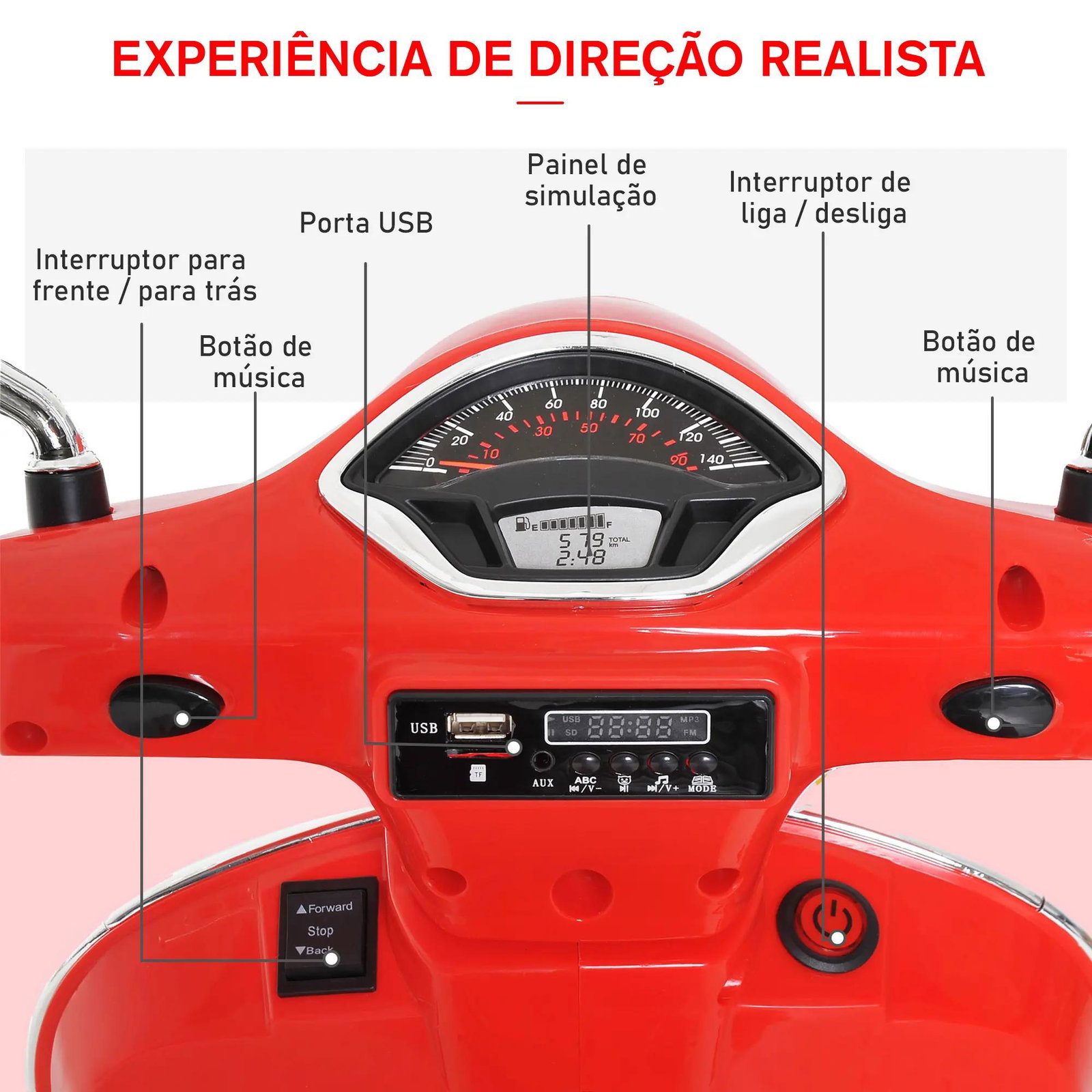 Mota elétrica para crianças com licença vespa com música velocidade 2-3 km/h e buzina 102x50,5x75,5 cm vermelha