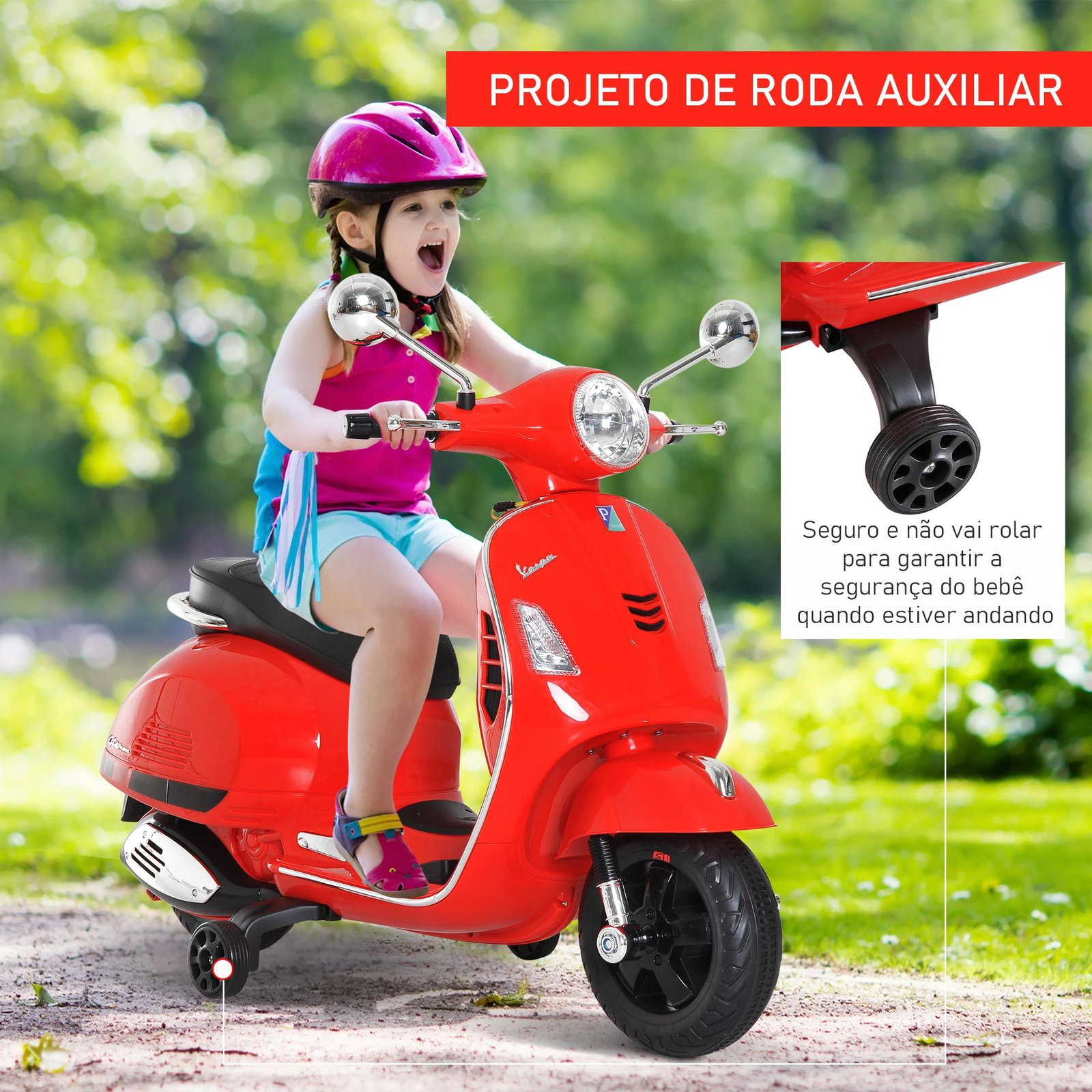 Mota elétrica para crianças com licença vespa com música velocidade 2-3 km/h e buzina 102x50,5x75,5 cm vermelha