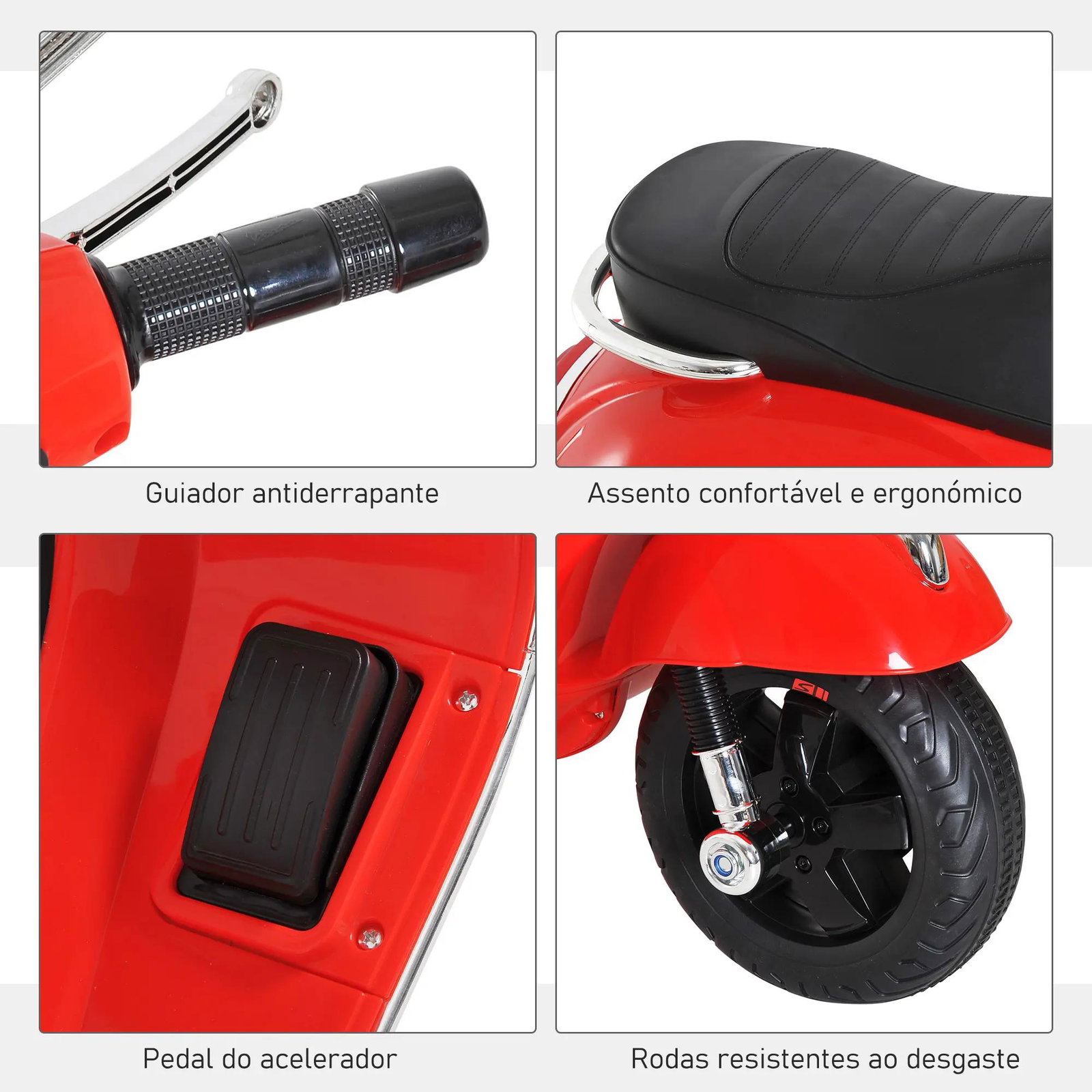 Mota elétrica para crianças com licença vespa com música velocidade 2-3 km/h e buzina 102x50,5x75,5 cm vermelha