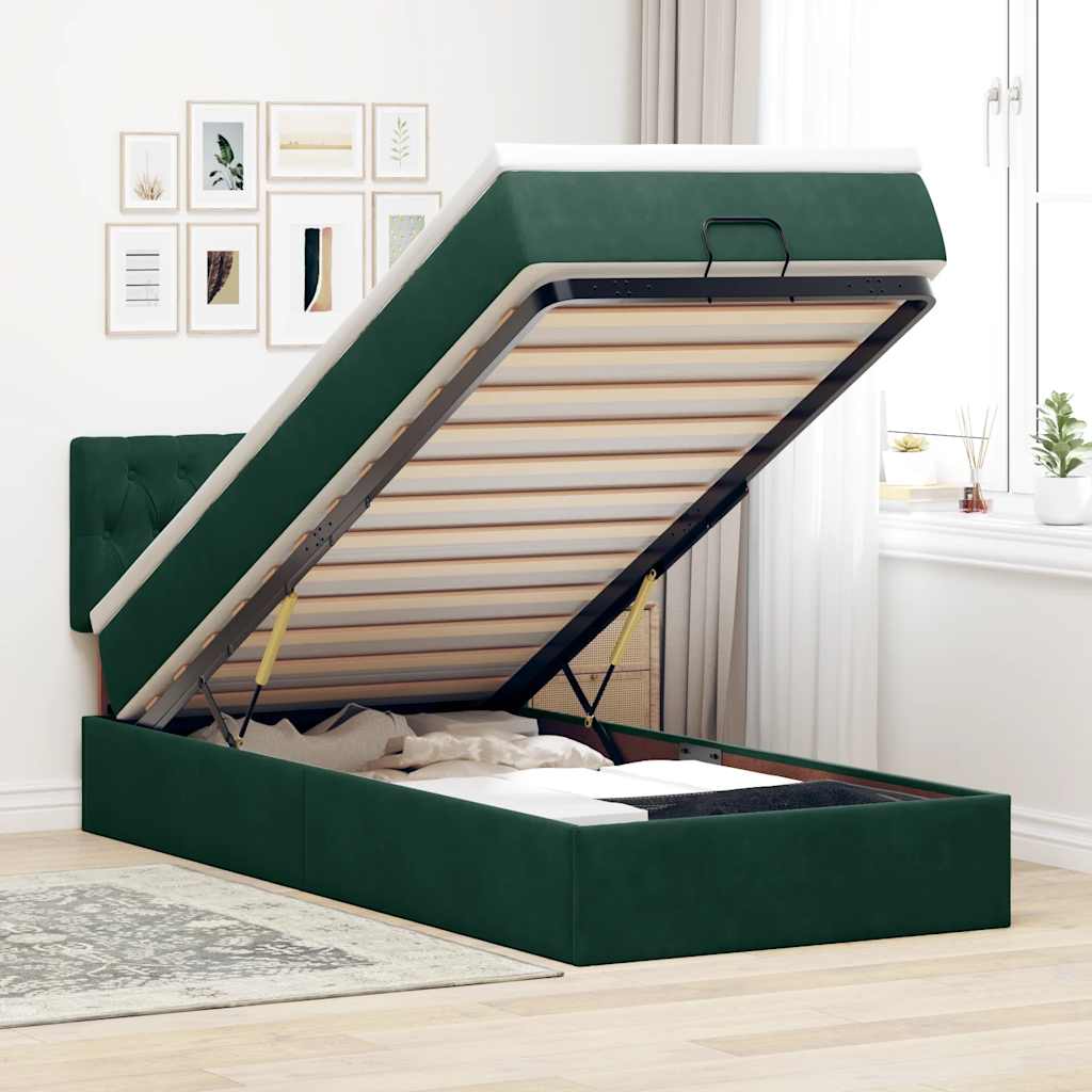 Estrutura cama otomana colchão 80x200 cm veludo verde escuro