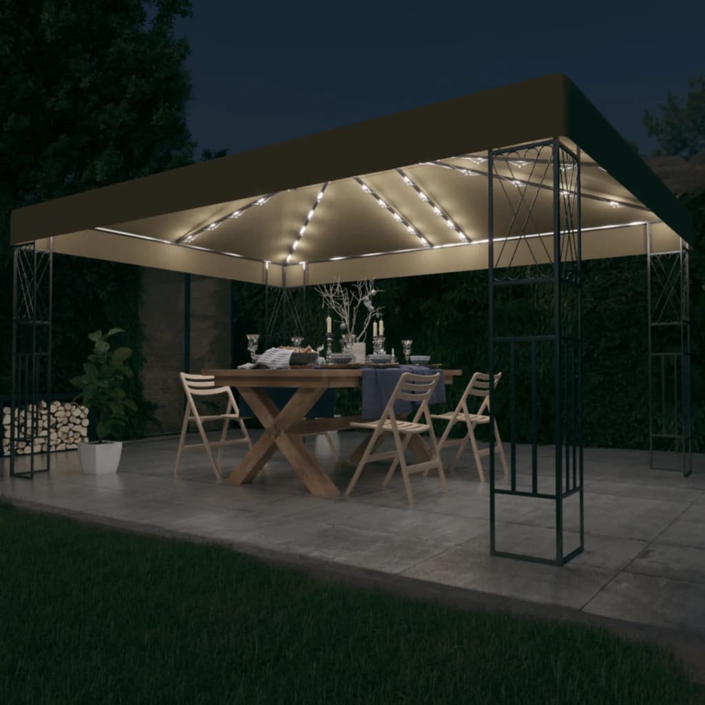 Gazebo com cordões de luzes LED 3x4 m tecido cinza-acastanhado