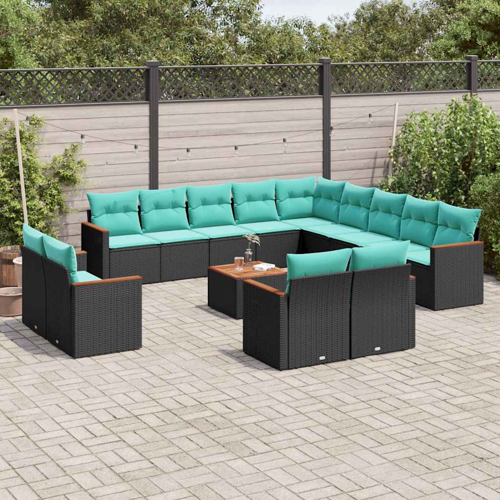Conjunto de sofá de jardim com 14 peças e almofadas em rattan sintético preto