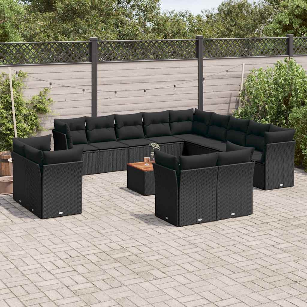 14 Pcs conjunto de sofás p/ jardim c/ almofadões vime PE preto