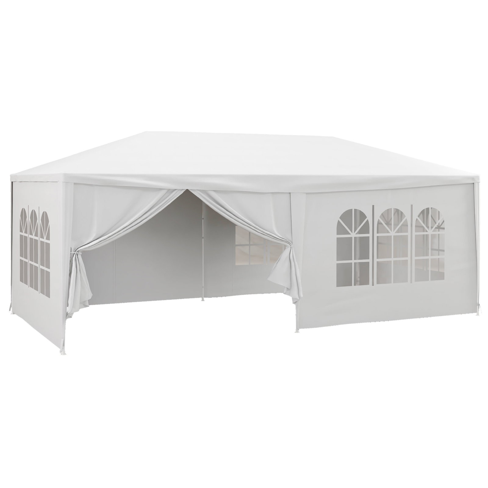 Tenda de jardim 583x293 cm tenda para festas com 4 janelas 2 portas com fecho de correr 6 paredes laterais branco