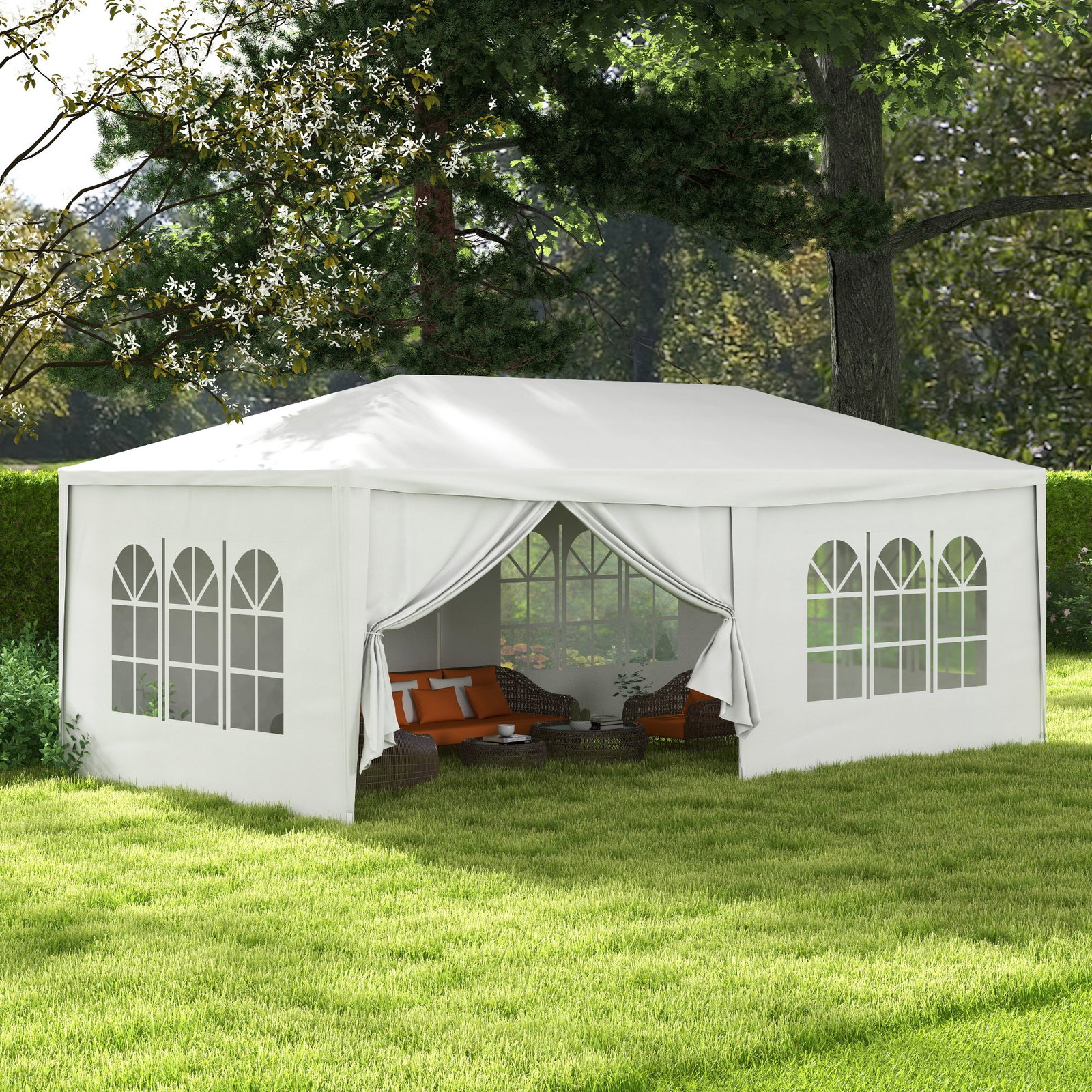 Tenda de jardim 583x293 cm tenda para festas com 4 janelas 2 portas com fecho de correr 6 paredes laterais branco