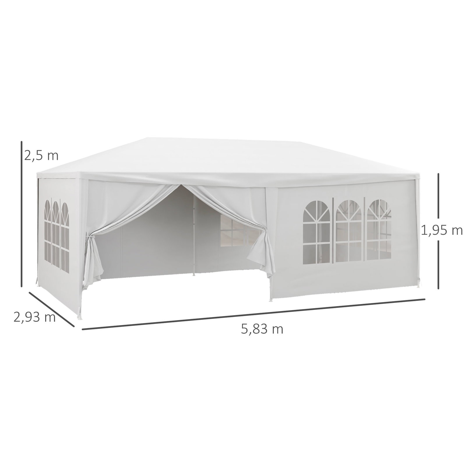 Tenda de jardim 583x293 cm tenda para festas com 4 janelas 2 portas com fecho de correr 6 paredes laterais branco