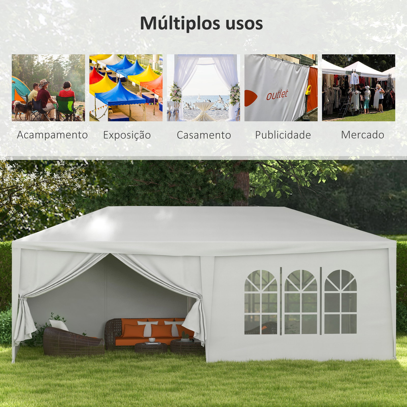 Tenda de jardim 583x293 cm tenda para festas com 4 janelas 2 portas com fecho de correr 6 paredes laterais branco