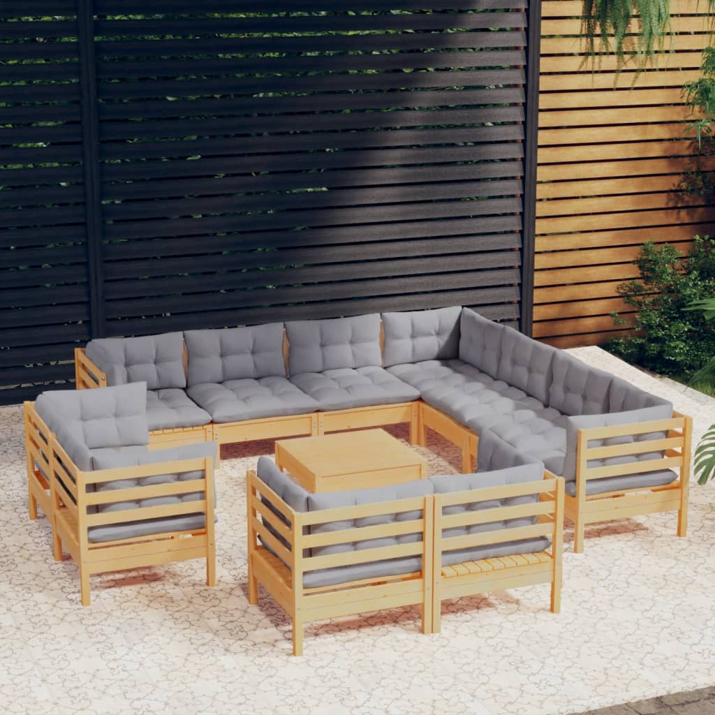12Pcs conjunto lounge de jardim + almofadões cinza pinho maciço