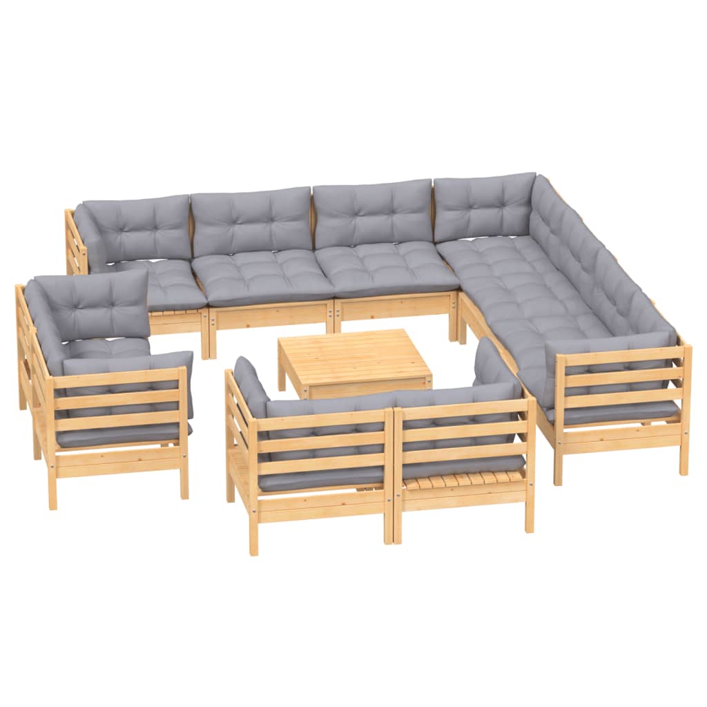 12Pcs conjunto lounge de jardim + almofadões cinza pinho maciço