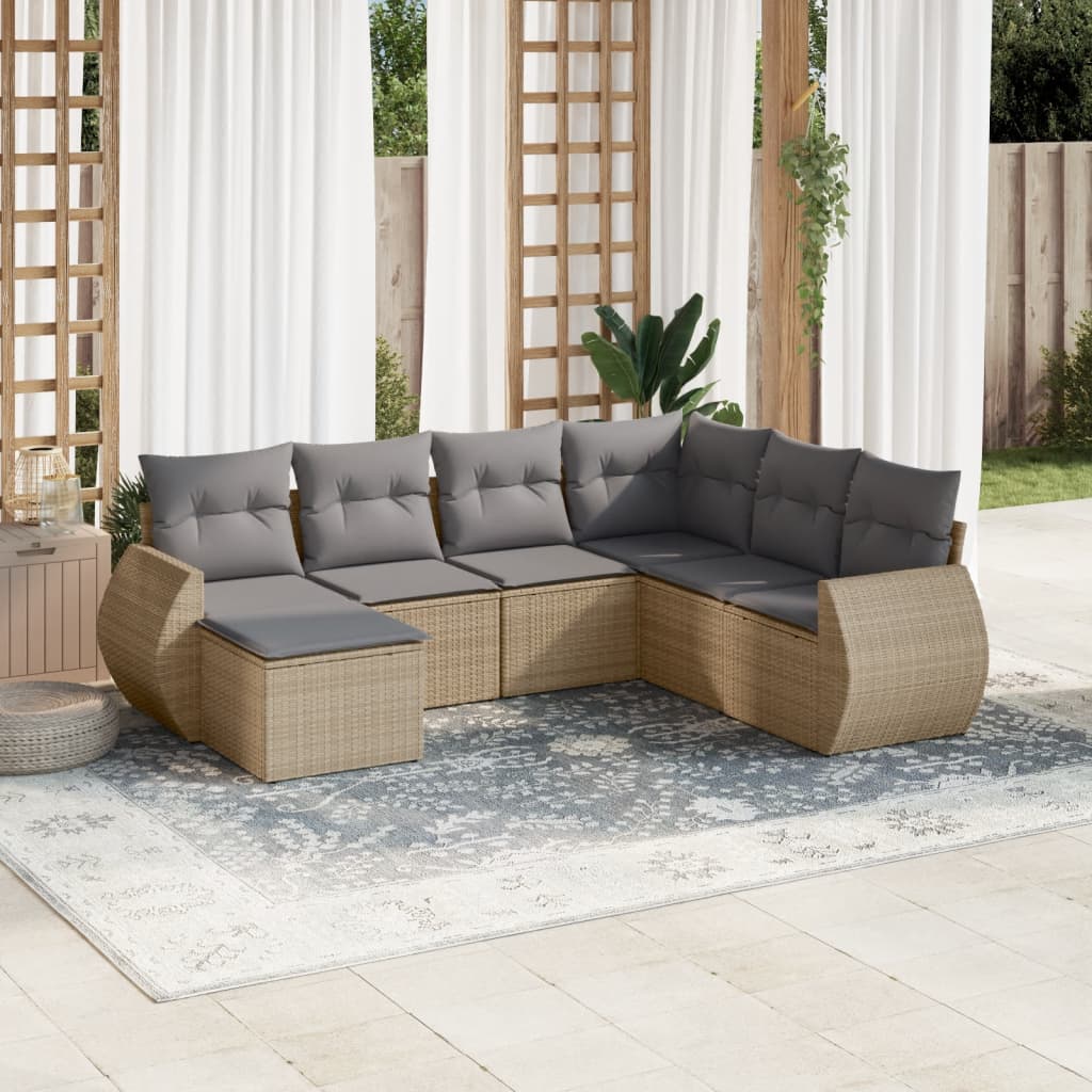7 Pcs conjunto de sofás p/ jardim com almofadões vime PE bege