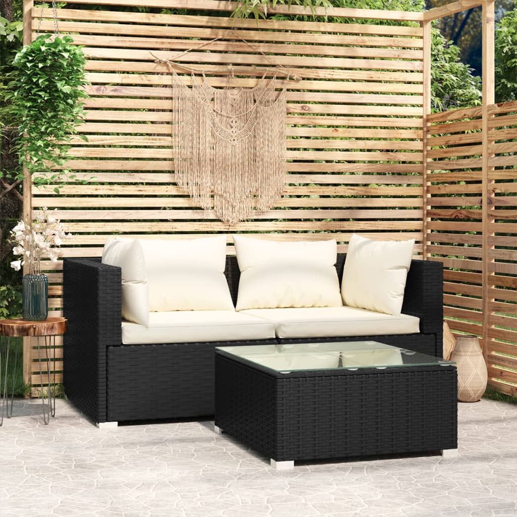 3 Pcs conjunto lounge de jardim c/ almofadões vime PE preto