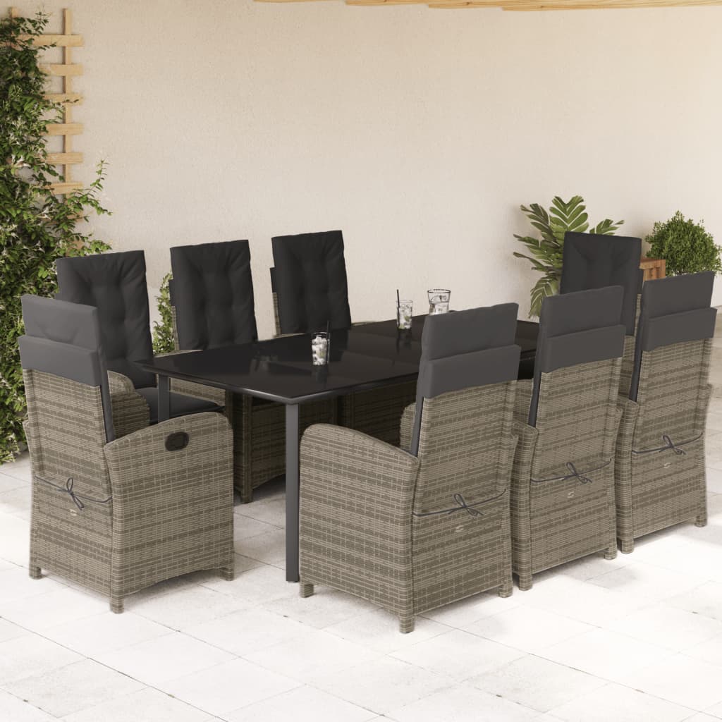 9 Pcs conjunto de jantar p/ jardim c/ almofadões vime PE cinza