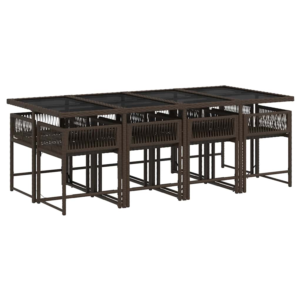 9 Pcs conjunto jantar p/ jardim c/ almofadões vime PE castanho