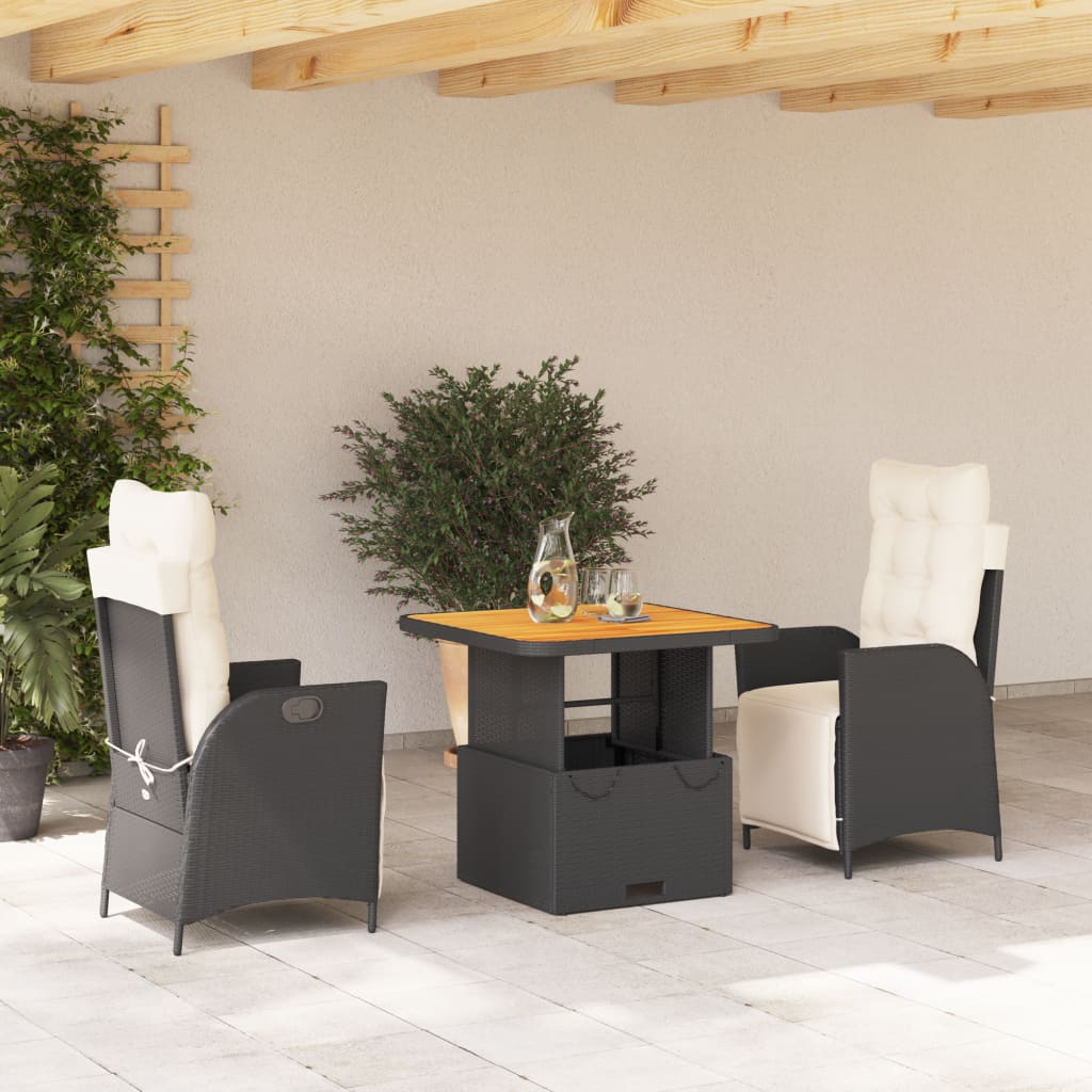 3 Pcs conjunto de jantar p/ jardim c/ almofadões vime PE preto