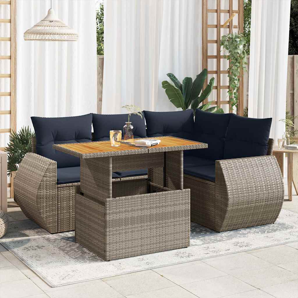 5 Pcs conjunto sofás de jardim c/ almofadões vime PE cinzento