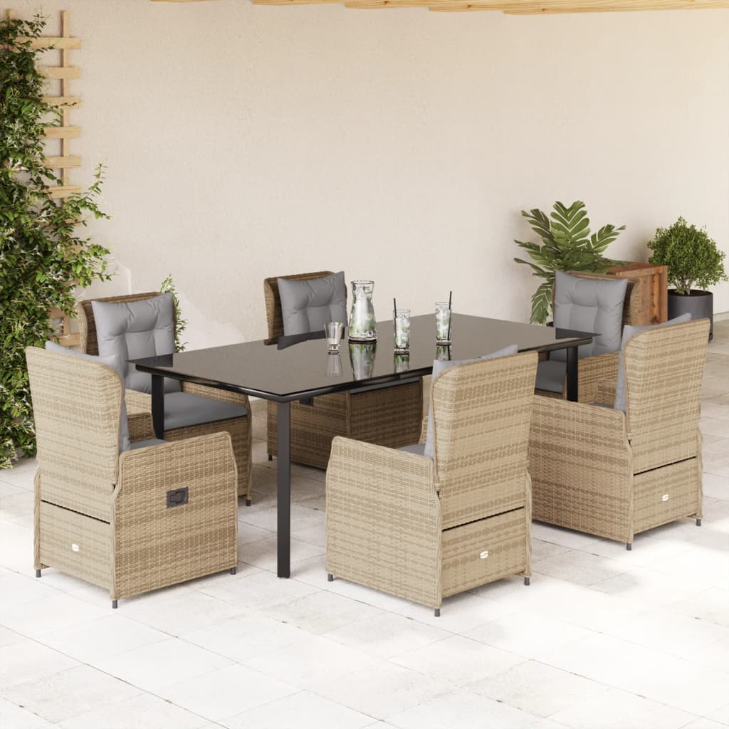 7 Pcs conjunto de jantar p/ jardim com almofadões vime PE bege